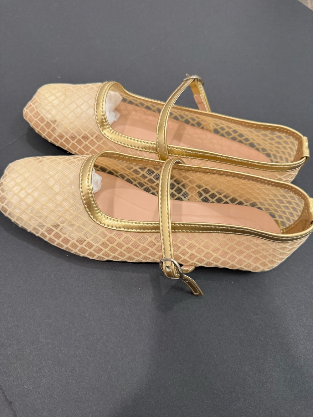 Kimi Gold Mesh Flats Sheer Net Shoes Strap Detail Women 7 Ballet Style